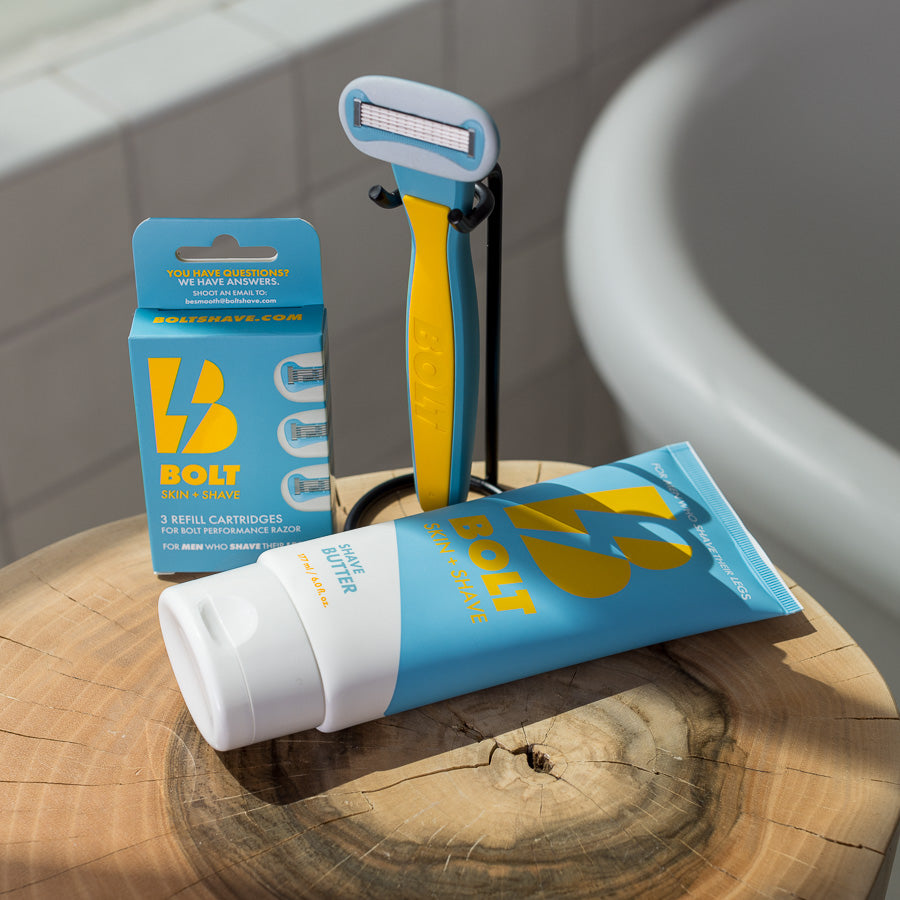 bolt performance razor, refill cartridges, and shave butter